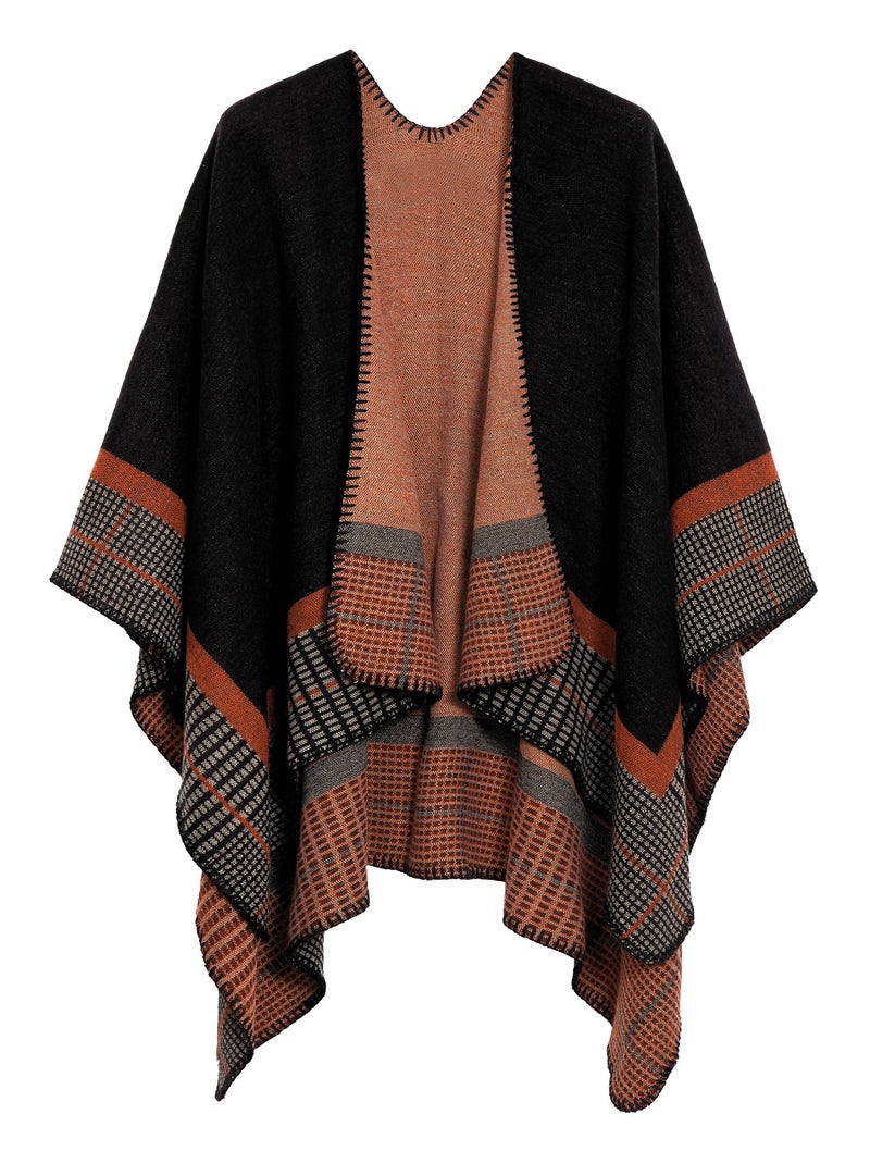 EXCHIC Womenâ€™s Retro Warm Shawls Poncho Cape Floral Printed Open Front Cardigans Sweater (6 Black) - Image 1